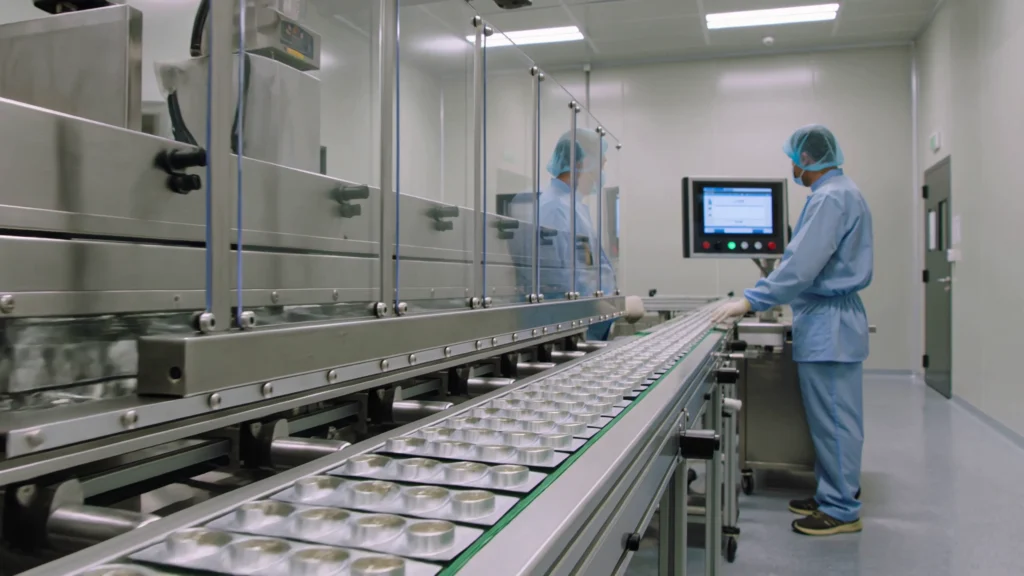 KI-generiertes Bild: Produktionsumgebung in der pharmazeutischen Fertigung mit modernen Anlagen