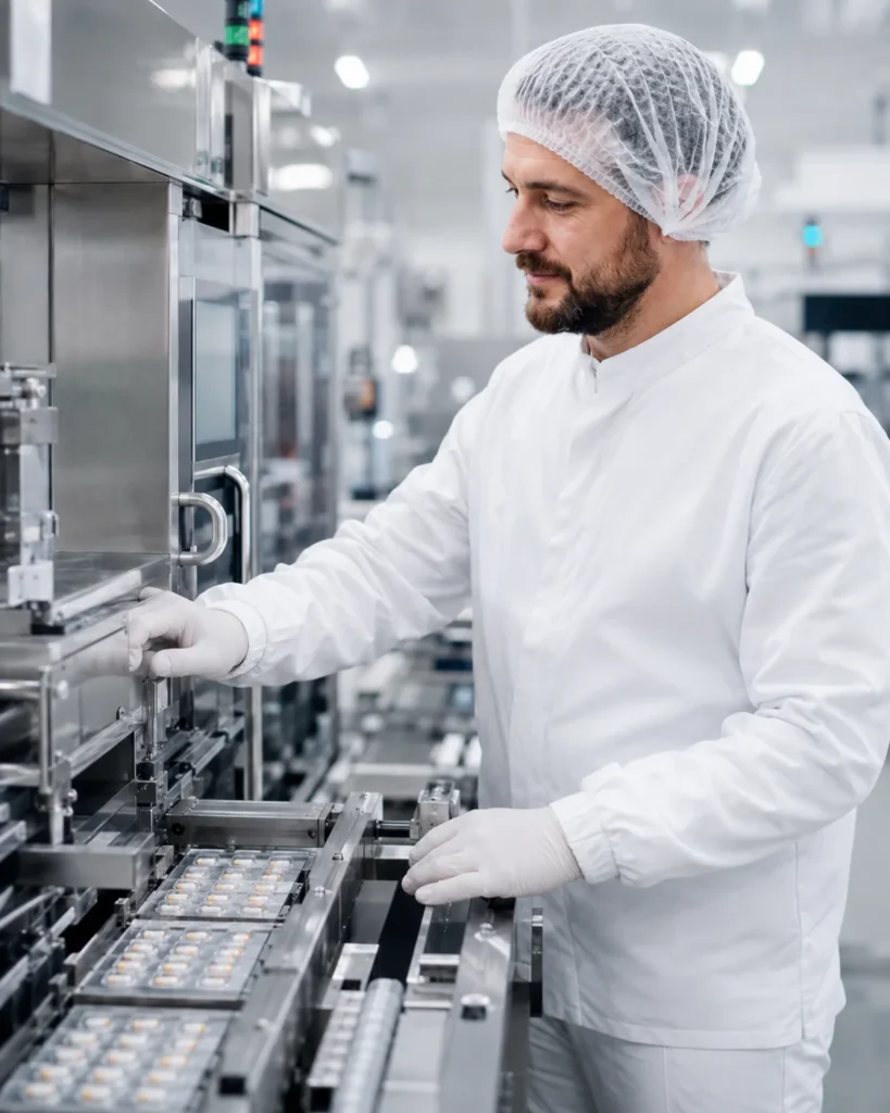 KI-generiertes Bild: Pharmakant an Blister- und Verpackungsanlage im pharmazeutischen Produktionsumfeld